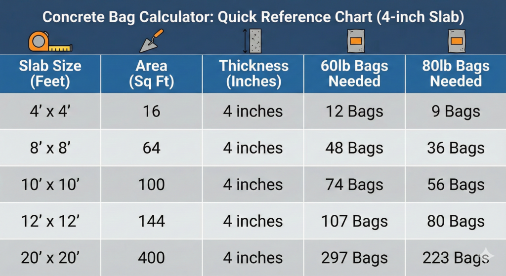 Concrete Bag Calculator Online Tool, Chart showing how many 60lb and 80lb concrete bags are needed for different slab sizes