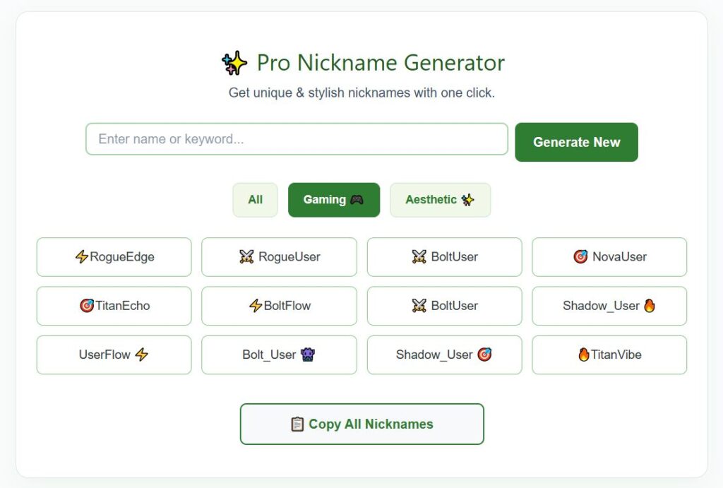 Nickname Generator Tool